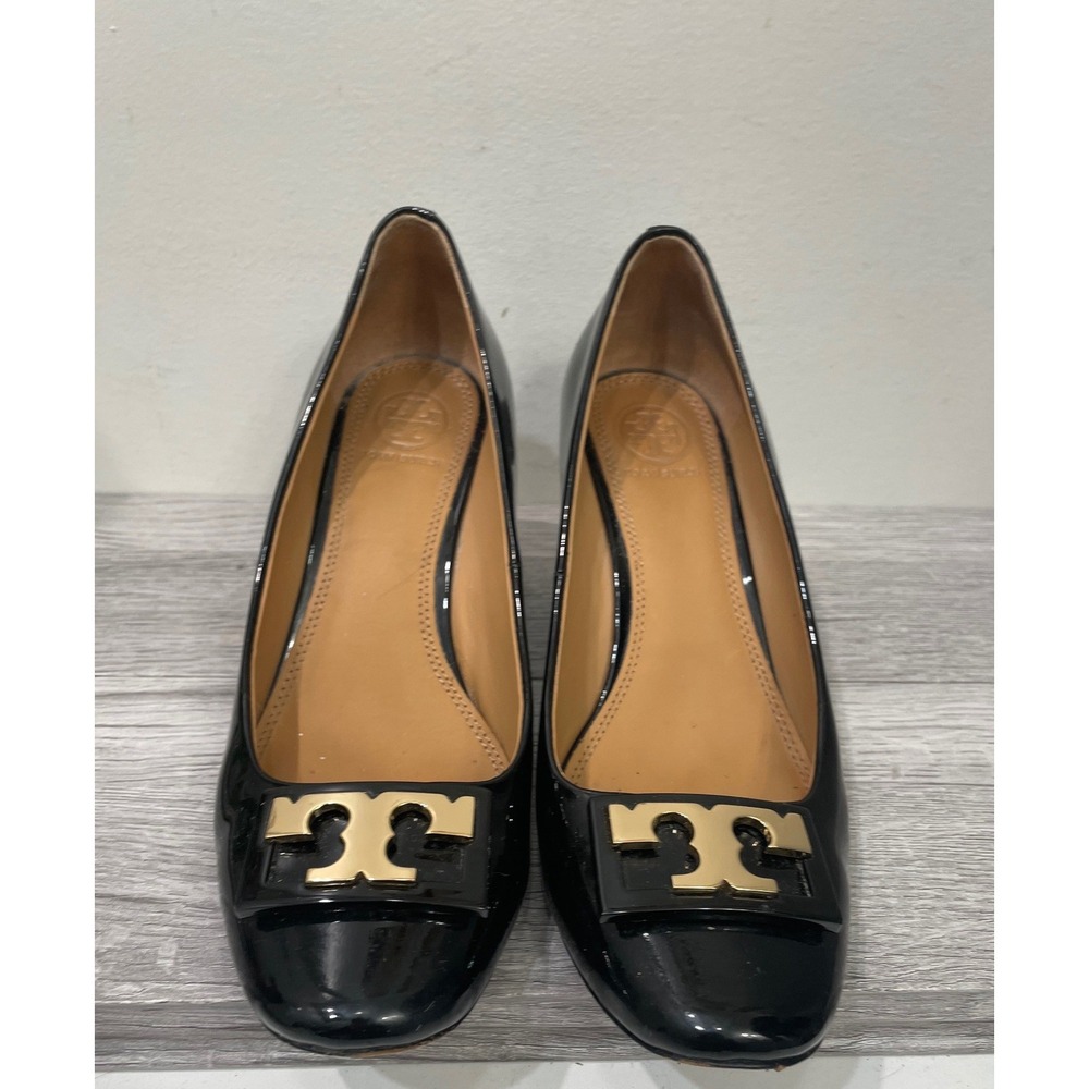 Tory Burch Gigi  Black Patent Leather Logo Wedge Pumps Heels Size 6.5M
